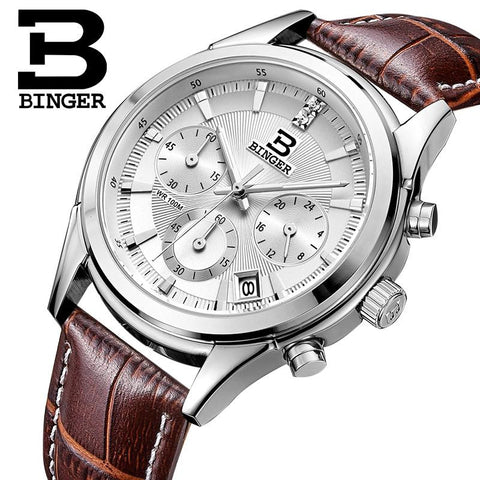 Switzerland BINGER watches men luxury brand Quartz waterproof genuine leather strap auto Date Chronograph Wristwatches BG6019-M - Urban Vault