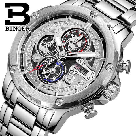 Switzerland watches men luxury brand Wristwatches BINGER Quartz watch full stainless steel Chronograph Diver glowwatch B6009 - Urban Vault
